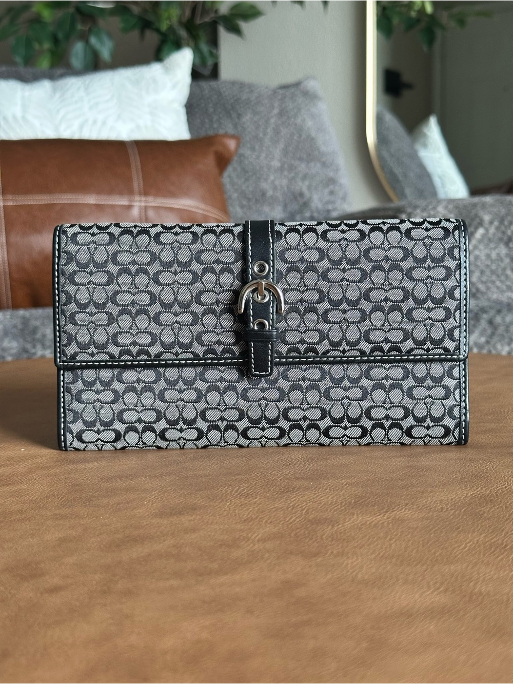Vintage Coach Gray and Black Signature Canvas Wallet with Buckle Detail